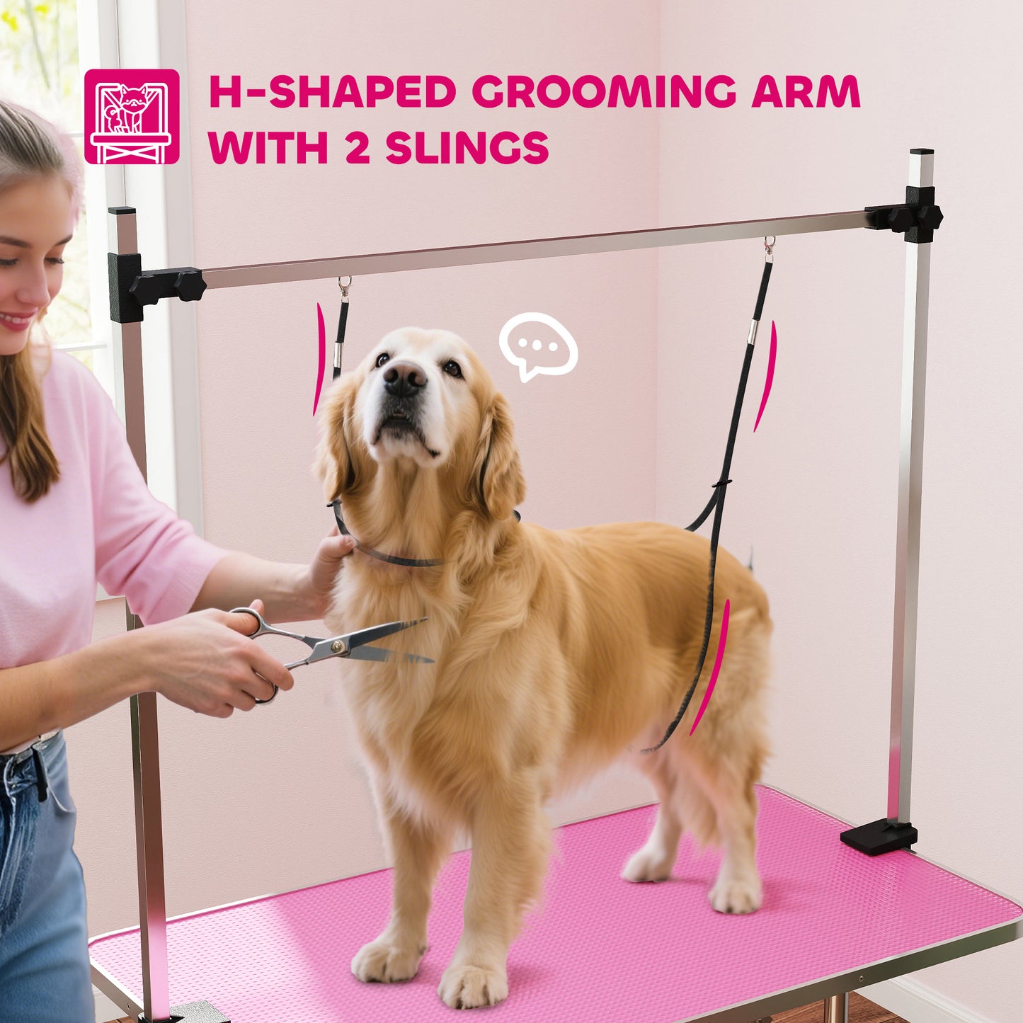42" Dog Grooming Table, Adjustable Pet Cat Drying Beauty Table with 2 Loops Storage Basket, Rubber Top, Pink
