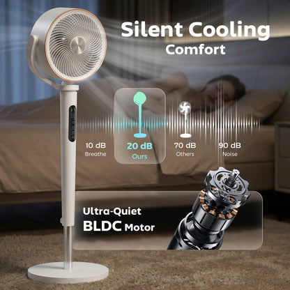 20dB Silent Standing Fan, 70°+90° Auto Oscillating Fan with 12 Speeds, LED Light, Air Circulator, Remote Control, 12H Timer