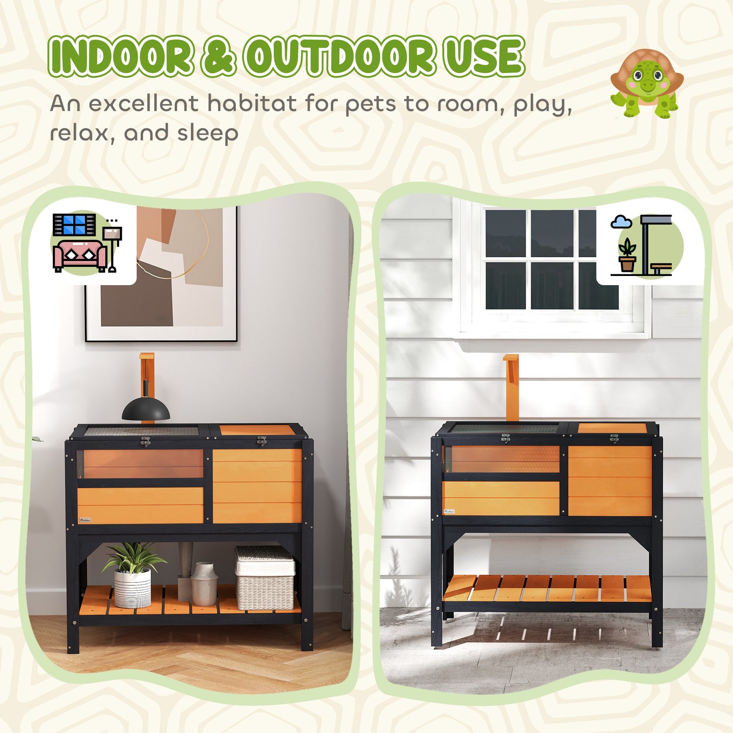 Wooden Tortoise House, with Shelter, Run, Shelf, Lamp Holder, Tray, Yellow