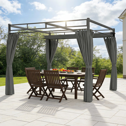 3 x 3 m Pergola with Retractable Roof Canopy and Curtains, UPF30+ Metal Frame Garden Pergola Gazebo Sun Shade, Dark Grey