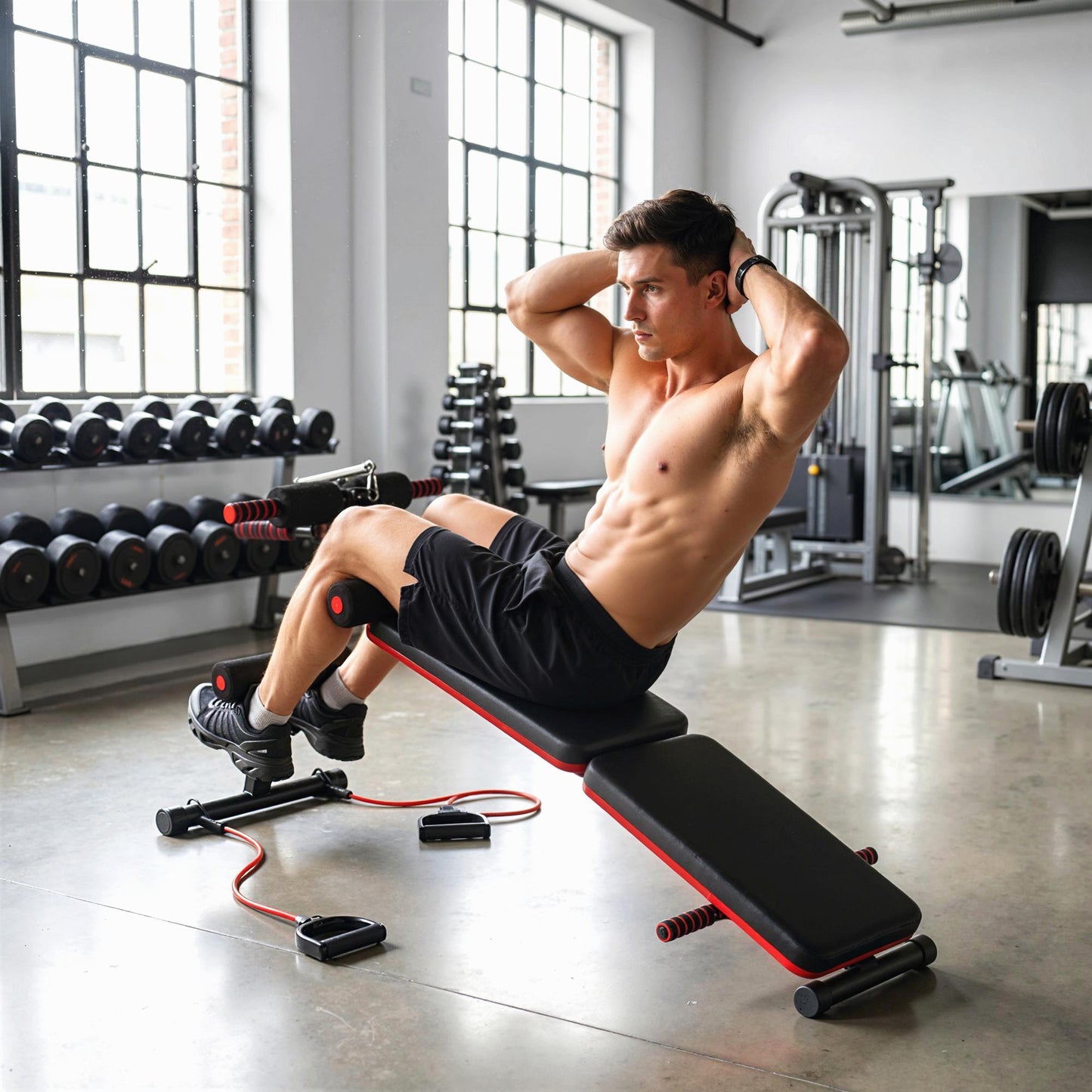 Foldable Sit Up Bench, Adjustable Abdominal Trainer with Resistance Bands