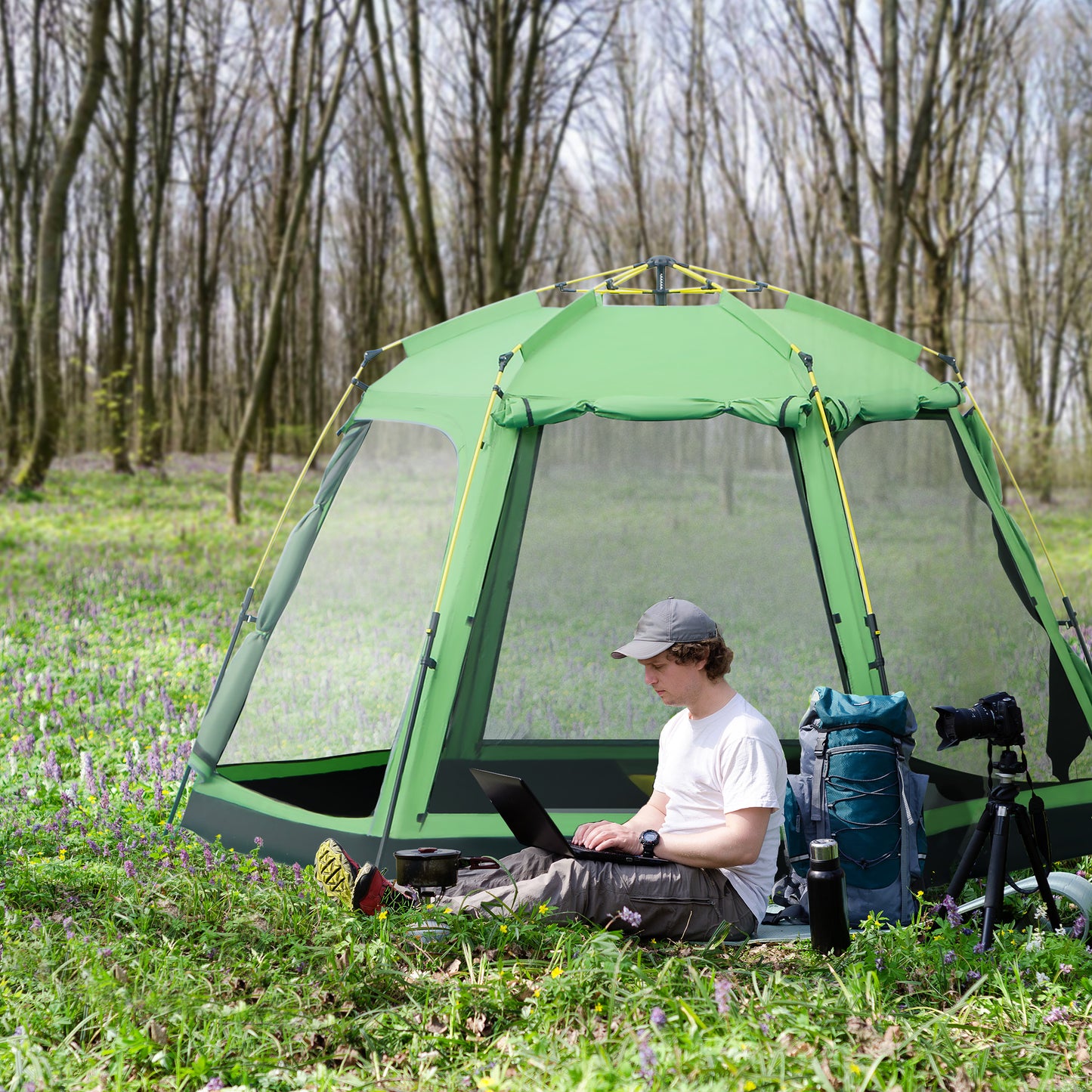 6 Person Pop Up Camping Tent, 2-Tier Design Backpacking Tent with 4 Windows 2 Doors Portable Carry Bag for Fishing Hiking