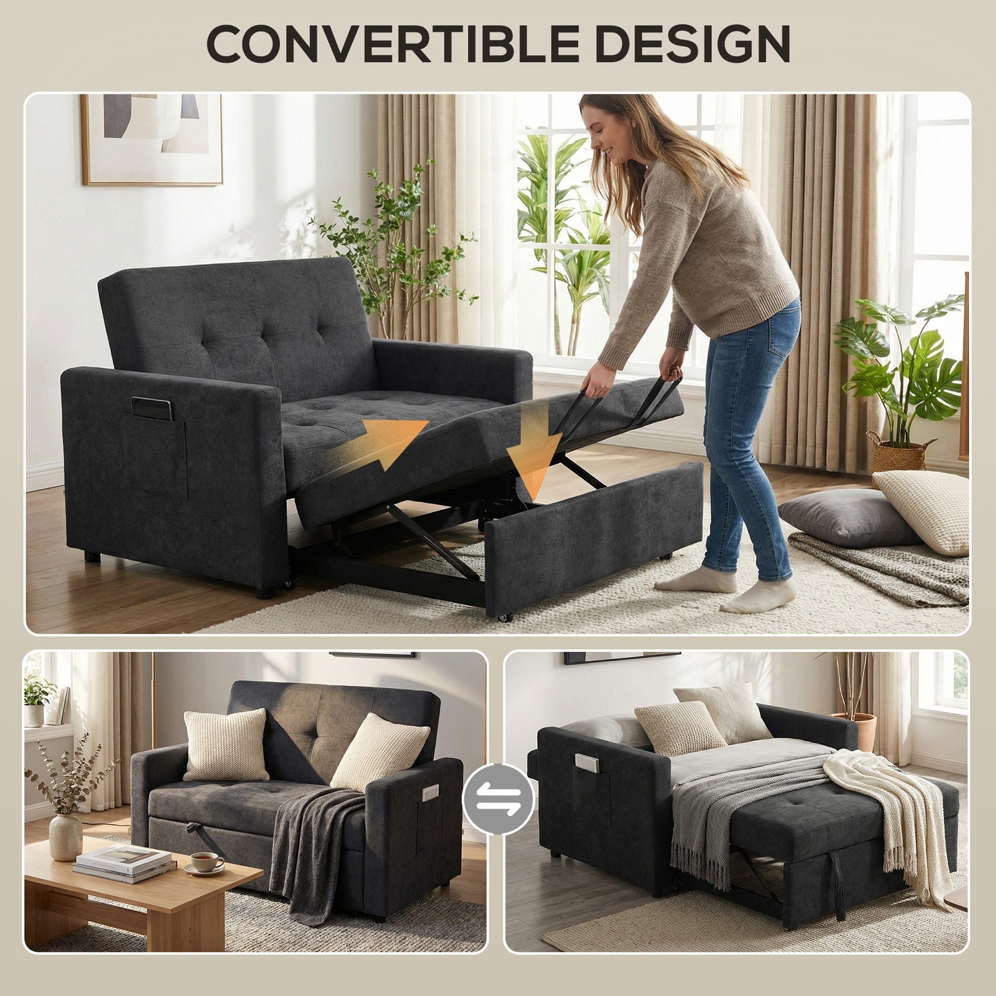 Loveseat Sofa Bed, Convertible Bed Settee with 2 Pillows, Side Pockets, Black