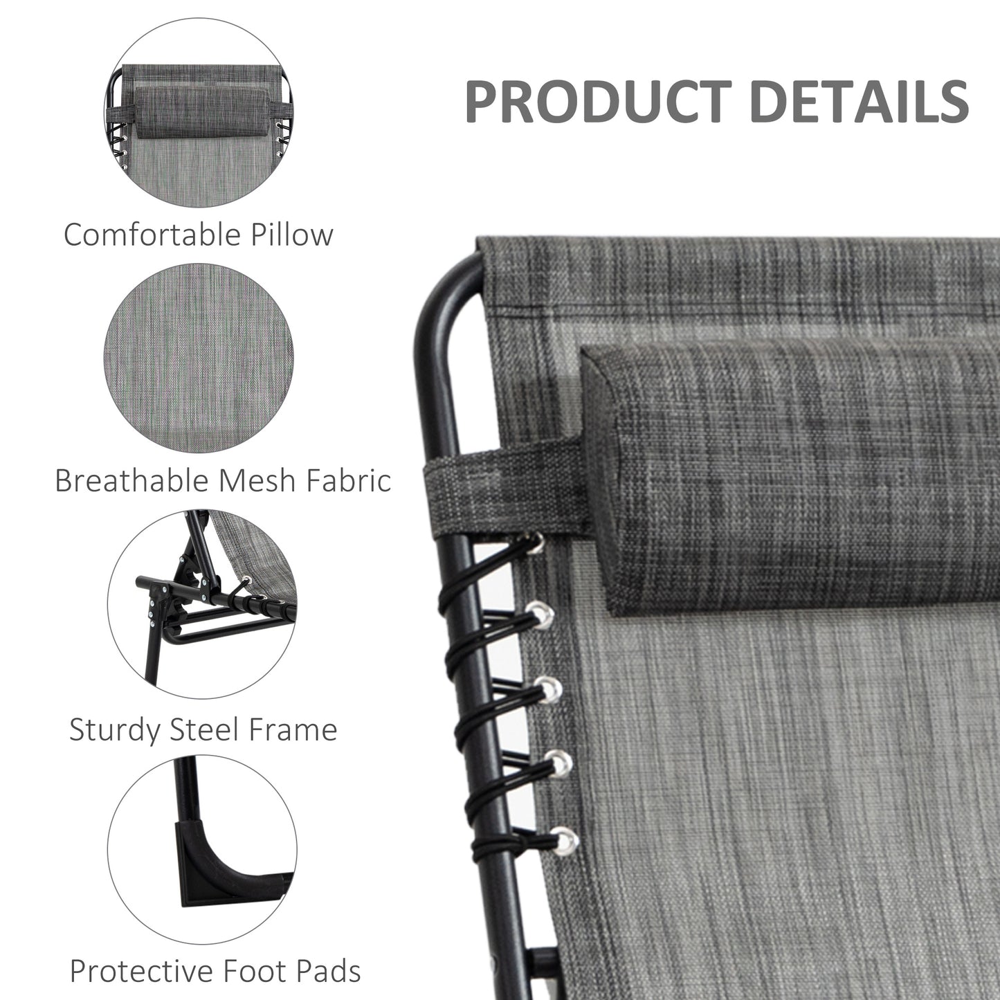 Portable Sun Lounger, Folding Camping Bed Cot, Reclining Lounge Chair 5-position Adjustable Backrest with Side Pocket