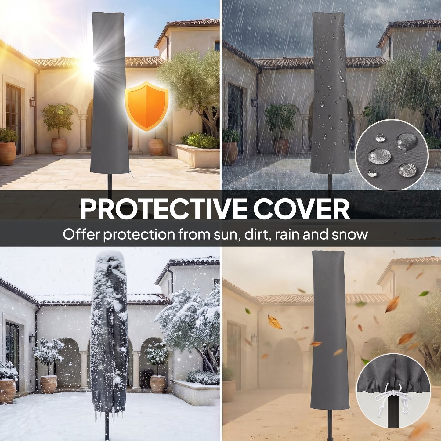 3 x 3 m Garden Cantilever Parasol w/ Light, Cover, UPF50+ Patio Umbrella w/ Wind Protection, 360° Rotation, Dark Grey