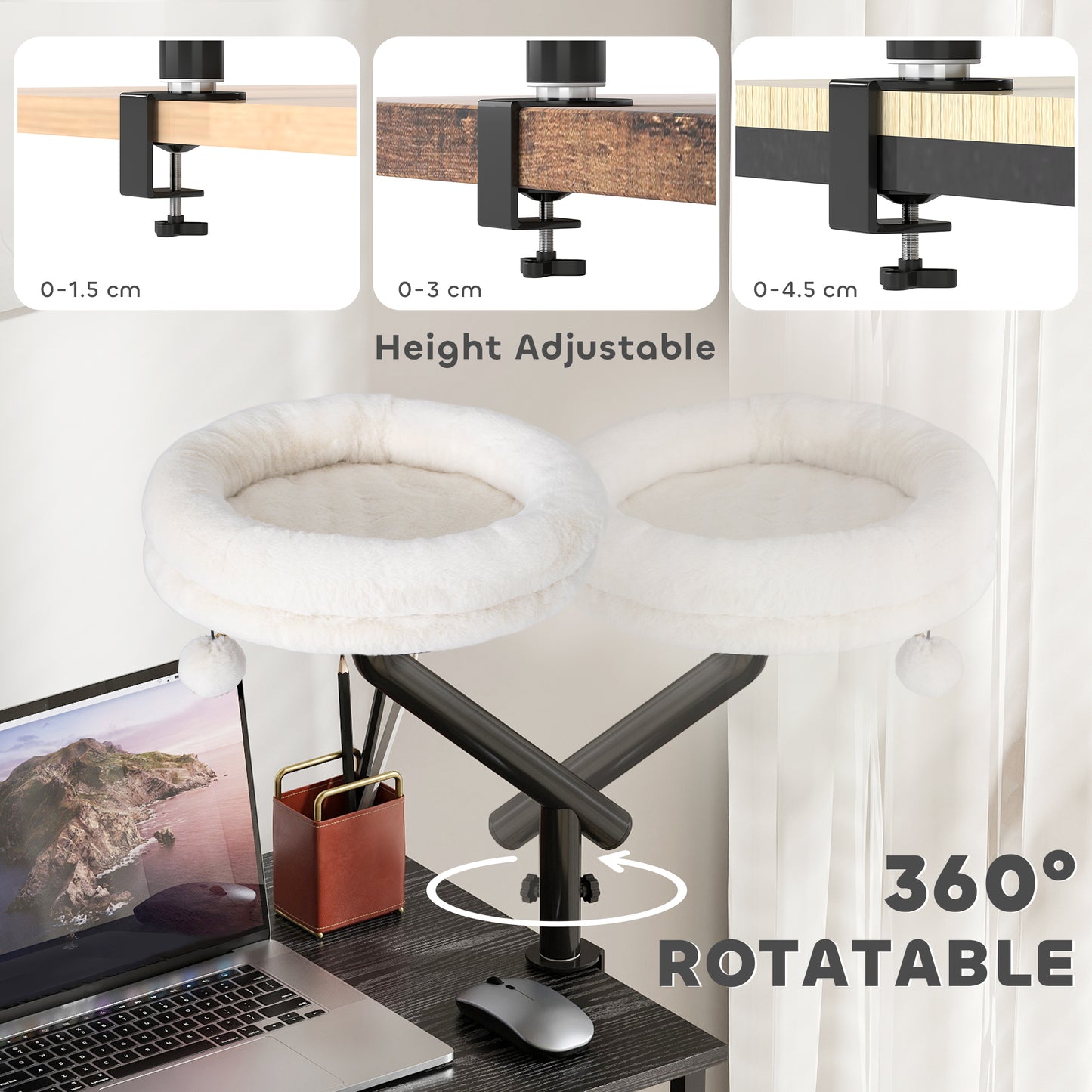 Cat Desk Bed, Cat Hammock 360° Rotatable Adjustable for Window, Table, Work, Cream White