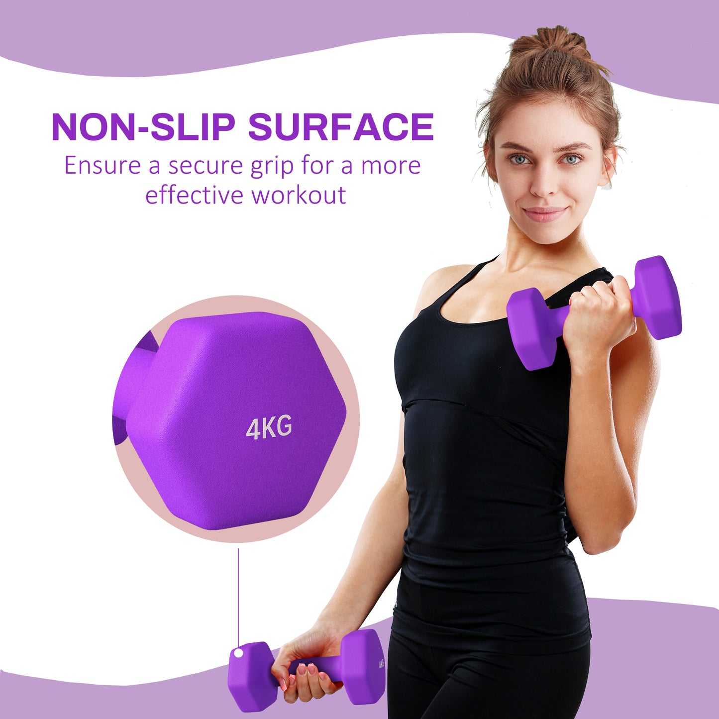 2 x 4kg Hexagonal Dumbbells Weights Set with Non-Slip Grip for Home Gym Workout, Purple