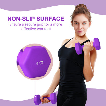 2 x 4kg Hexagonal Dumbbells Weights Set with Non-Slip Grip for Home Gym Workout, Purple