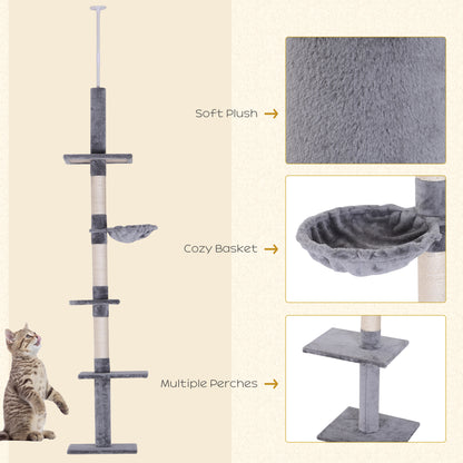 Floor to Ceiling Cat Tree 230-260cm Height Adjustable, 5-Tier Cat Tower with Scratching Posts, Hammock, Perches