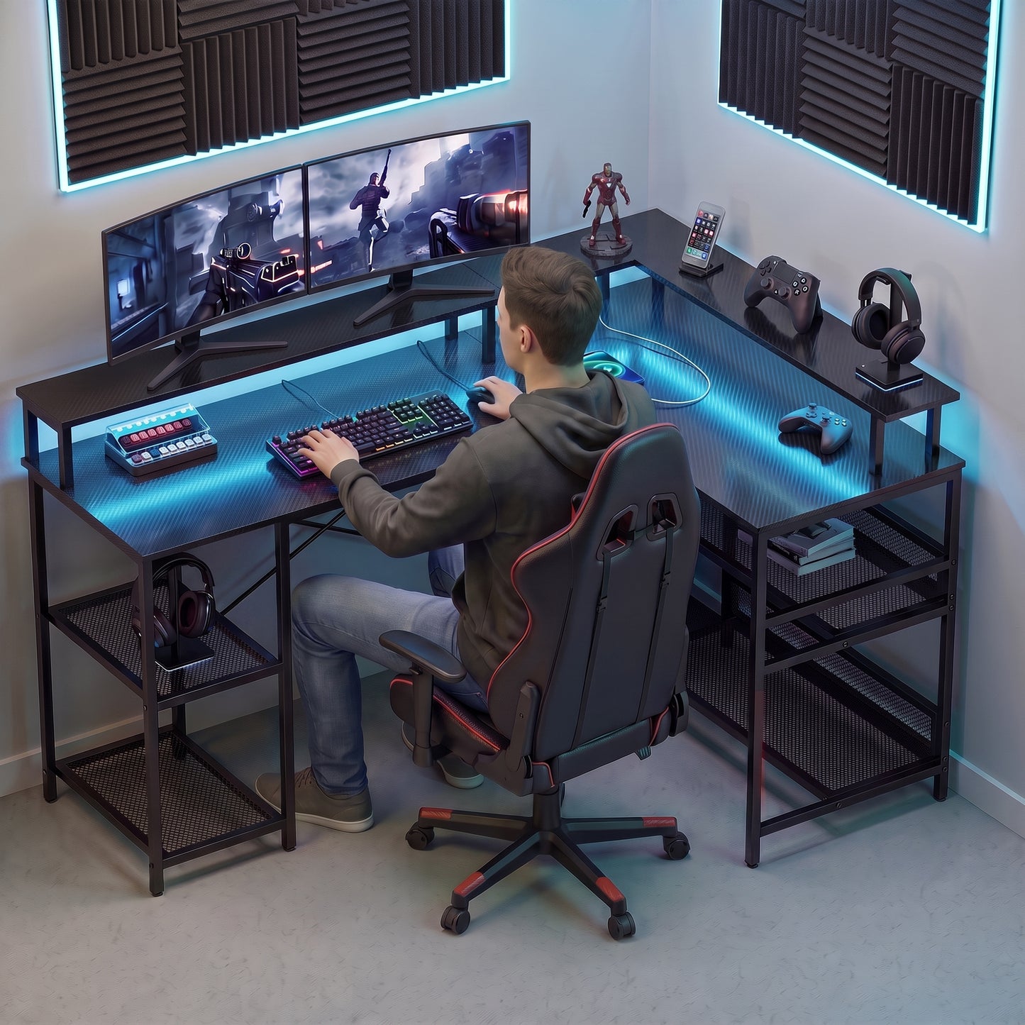 L Shaped Gaming Desk with LED Lights and Power Outlets, 150cm Corner Computer Desk for Small Space, Black