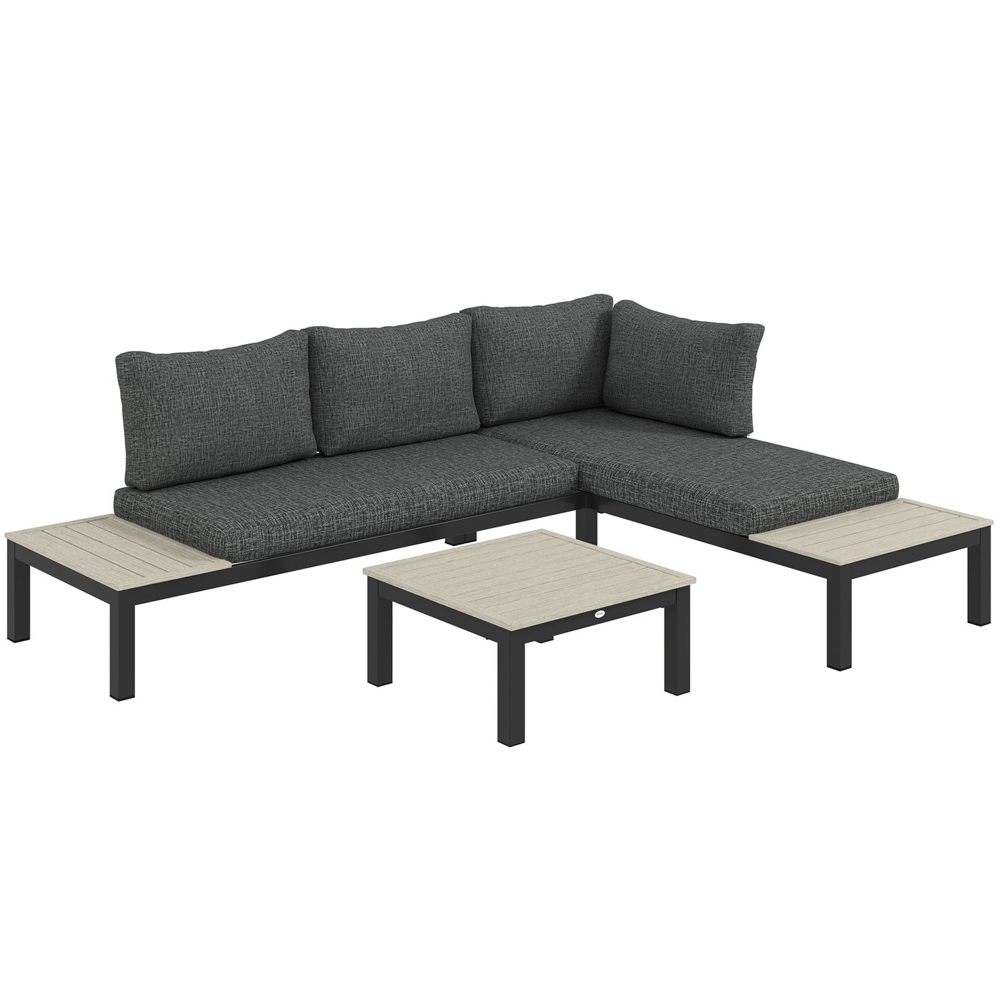 3 Pieces Garden Furniture Set, Aluminium 4 Seater Corner Sofa Set with 2 Loveseats, Coffee Table and Side Trays