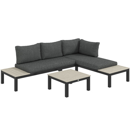 3 Pieces Garden Furniture Set, Aluminium 4 Seater Corner Sofa Set with 2 Loveseats, Coffee Table and Side Trays