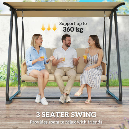 3 Seater Swing Chair with Adjustable Canopy, 360 kg Garden Swing Seat Outdoor Hammock Bench with Cushions, Sand Brown