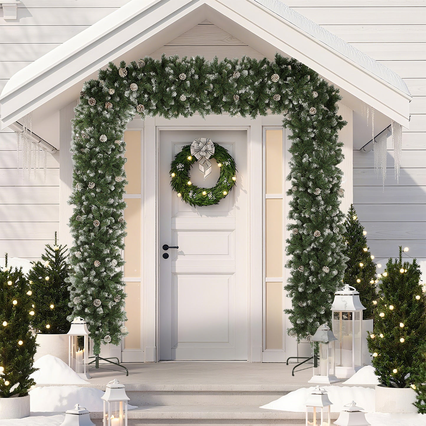 8.2 ft Snow Frosted Christmas Tree Arch, Christmas Arch Doorway Decor with 2100 Tips and 96 Pinecones