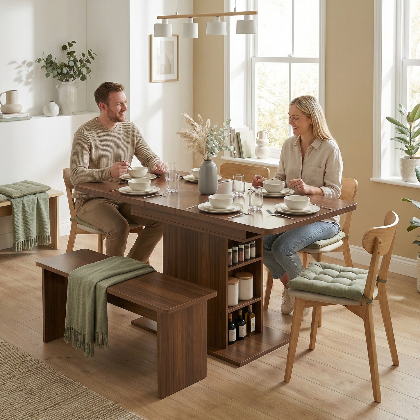 Extendable Dining Table for 4-6 People, 110-130cm Kitchen Table with 6 Open Shelves, Walnut Brown