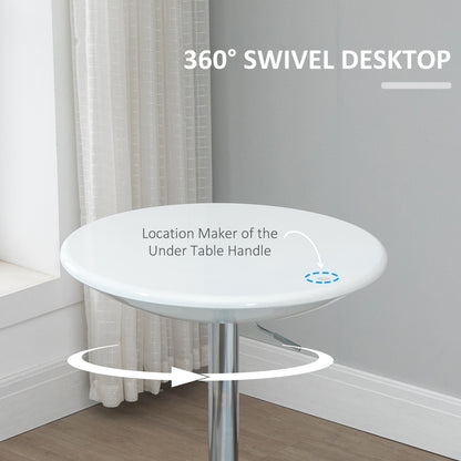 Modern Round Bar Table Adjustable Height Home Pub Bistro Desk Swivel Painted Top with Silver Steel Leg and Base, White