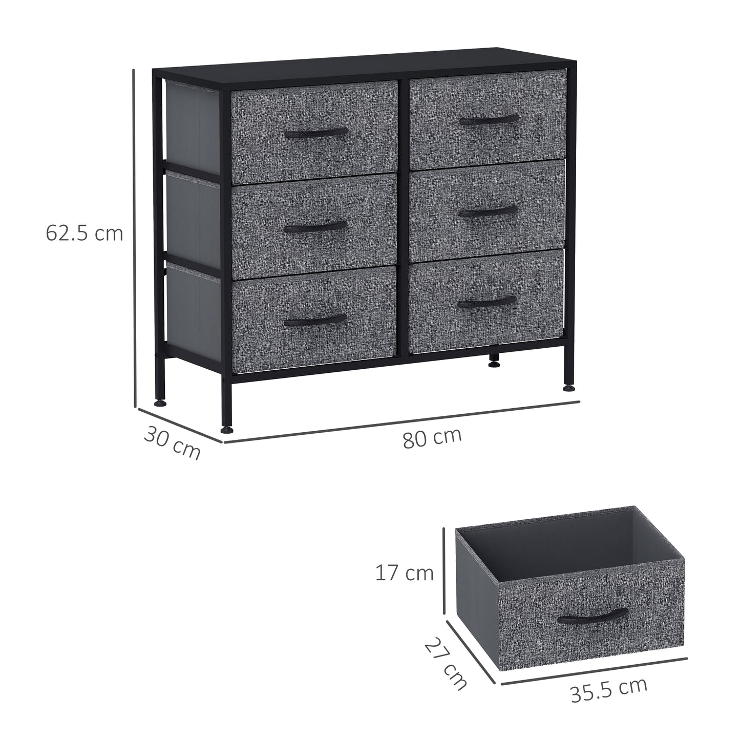 Fabric Chest of Drawers, Industrial Bedroom Dresser with 6 Fabric Drawers, Steel Frame and Wooden Top for Nursery