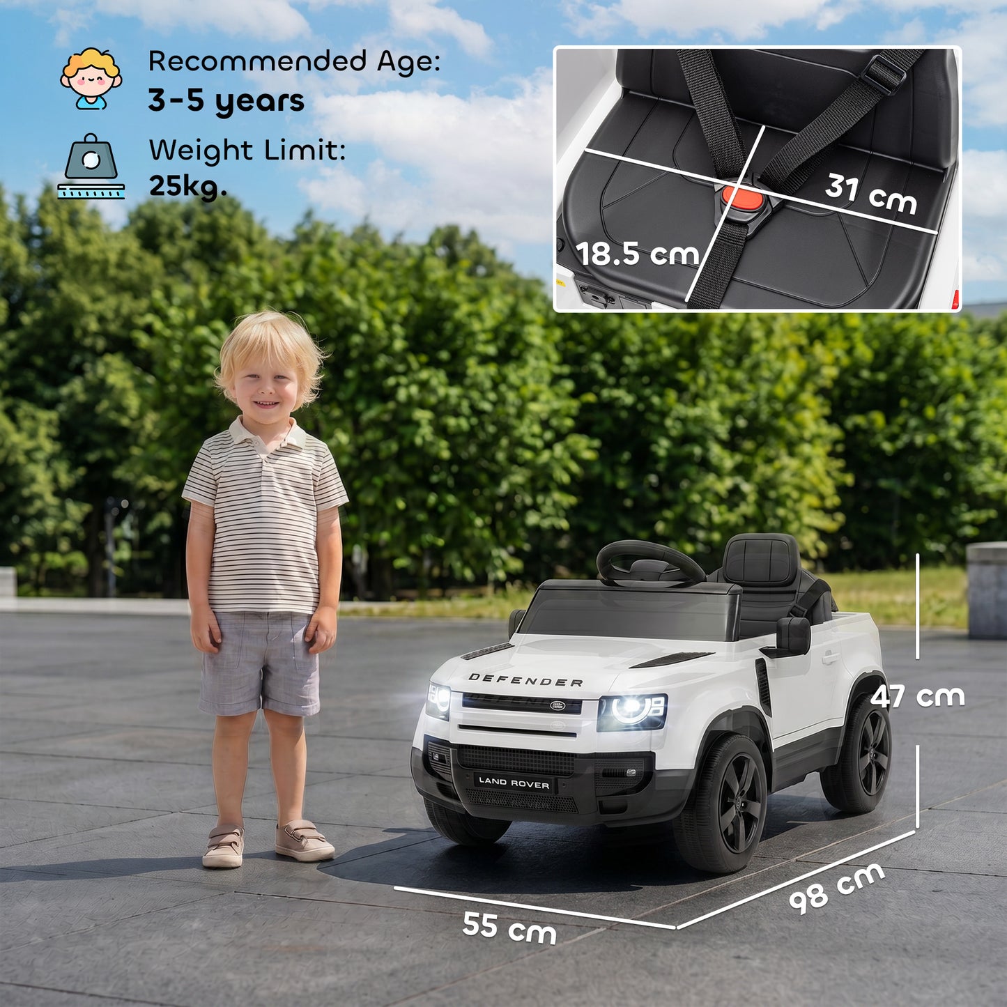 Land Rover Licensed 12V Kids Ride on Car with Remote, Suspension, Slow Start, 3 Speeds, Lights, Music, Horn, White