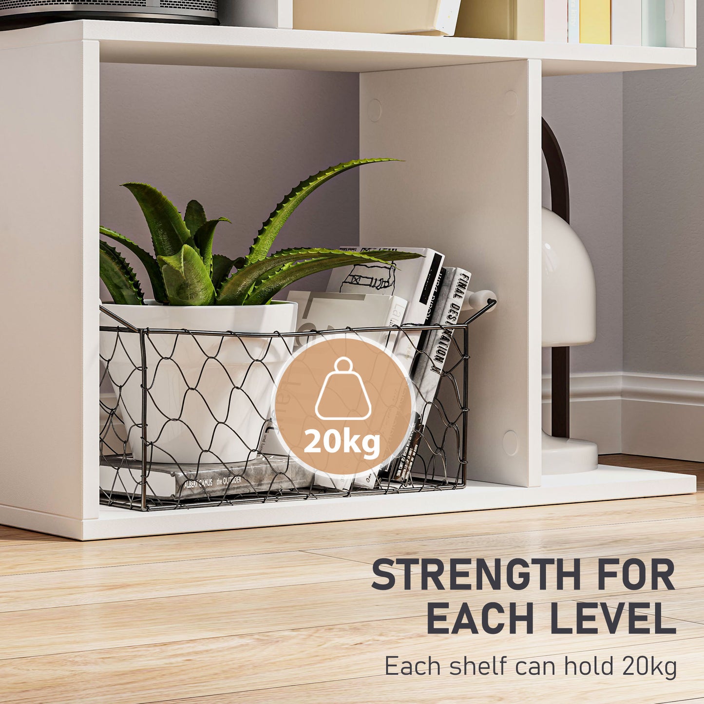Bookcase, S-Shaped Wooden Bookshelf, 5 Tiers Freestanding Storage Shelf, Home Office Display Stand Rack, White