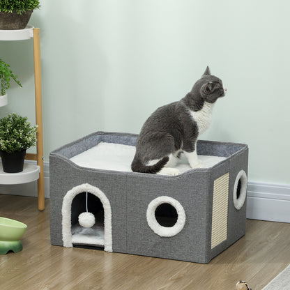 Cat Bed for Indoor Pets, Foldable Cat House with Fluffy Ball and Scratch Pad for Small and Medium Pets, Grey