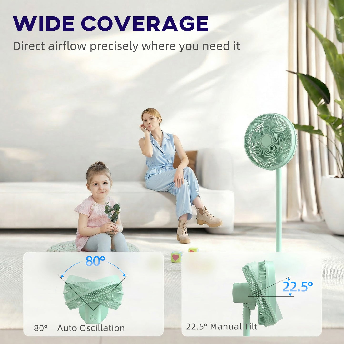 40 cm Standing Fan, Cooling Floor Fan with 80° Oscillating, Adjustable Tilt and Height, 4 Speed, Remote Control, Green