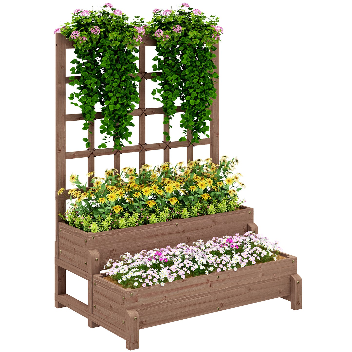 2-Tier Raised Garden Bed with Trellis, Wooden Elevated Planter Box with Drainage Holes