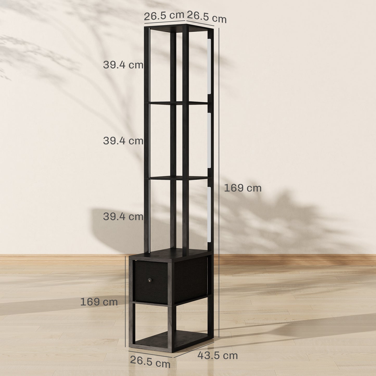 Floor Lamp with Shelves, LED Column Modern Standing Lamp with Fabric Drawer, Adjustable Brightness