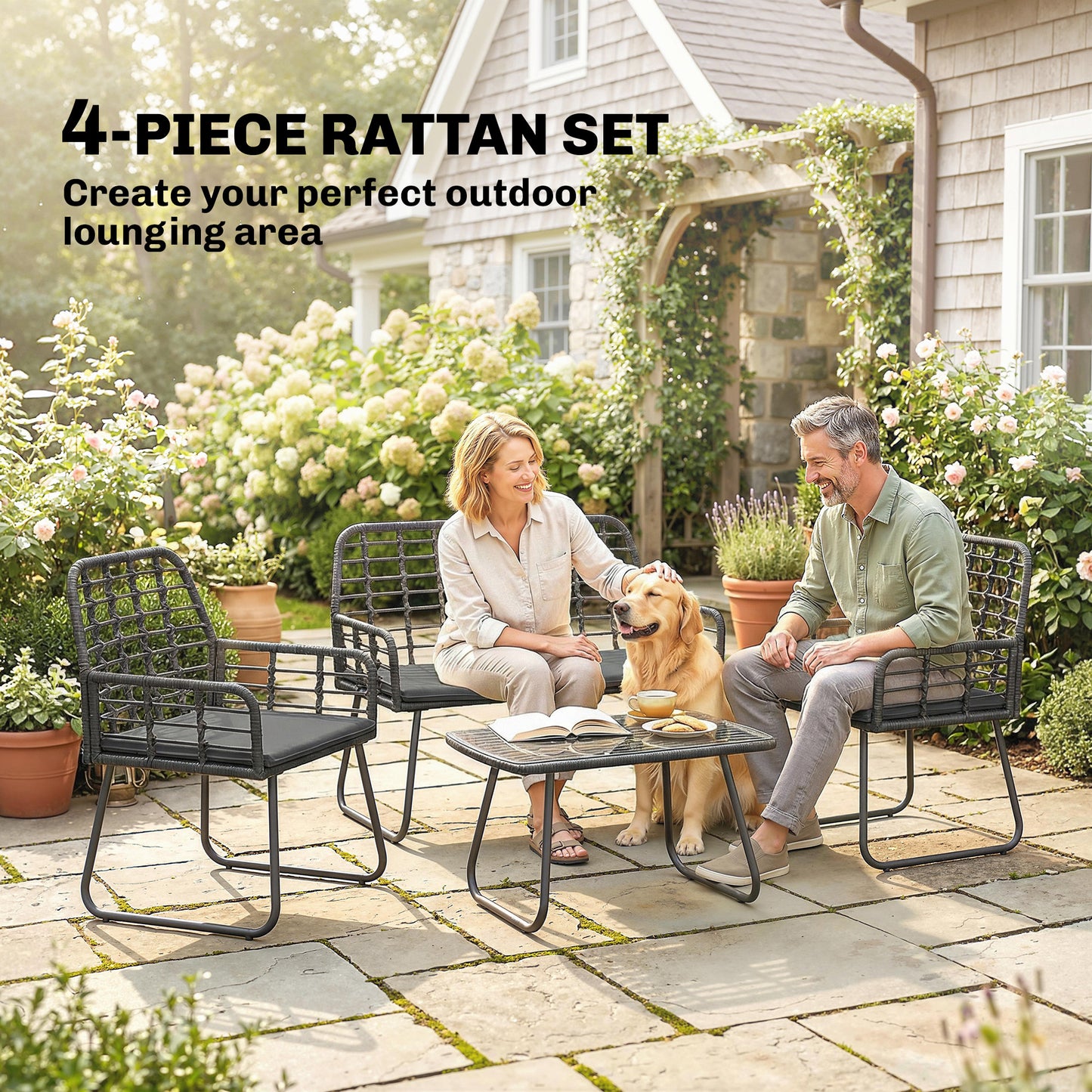 4 Piece Rattan Garden Furniture Set, Outdoor Patio Furniture with Loveseat, Armchairs and Coffee Table