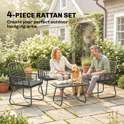 4 Piece Rattan Garden Furniture Set, Outdoor Patio Furniture with Loveseat, Armchairs and Coffee Table