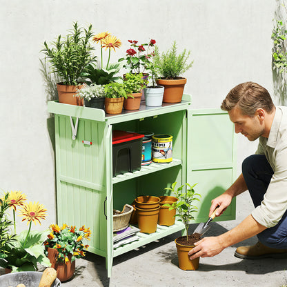 Wooden Garden Shed, Garden Tool Storage Shed with Hinged Roof and Shelf, Outdoor Storage Cabinet with Double Doors