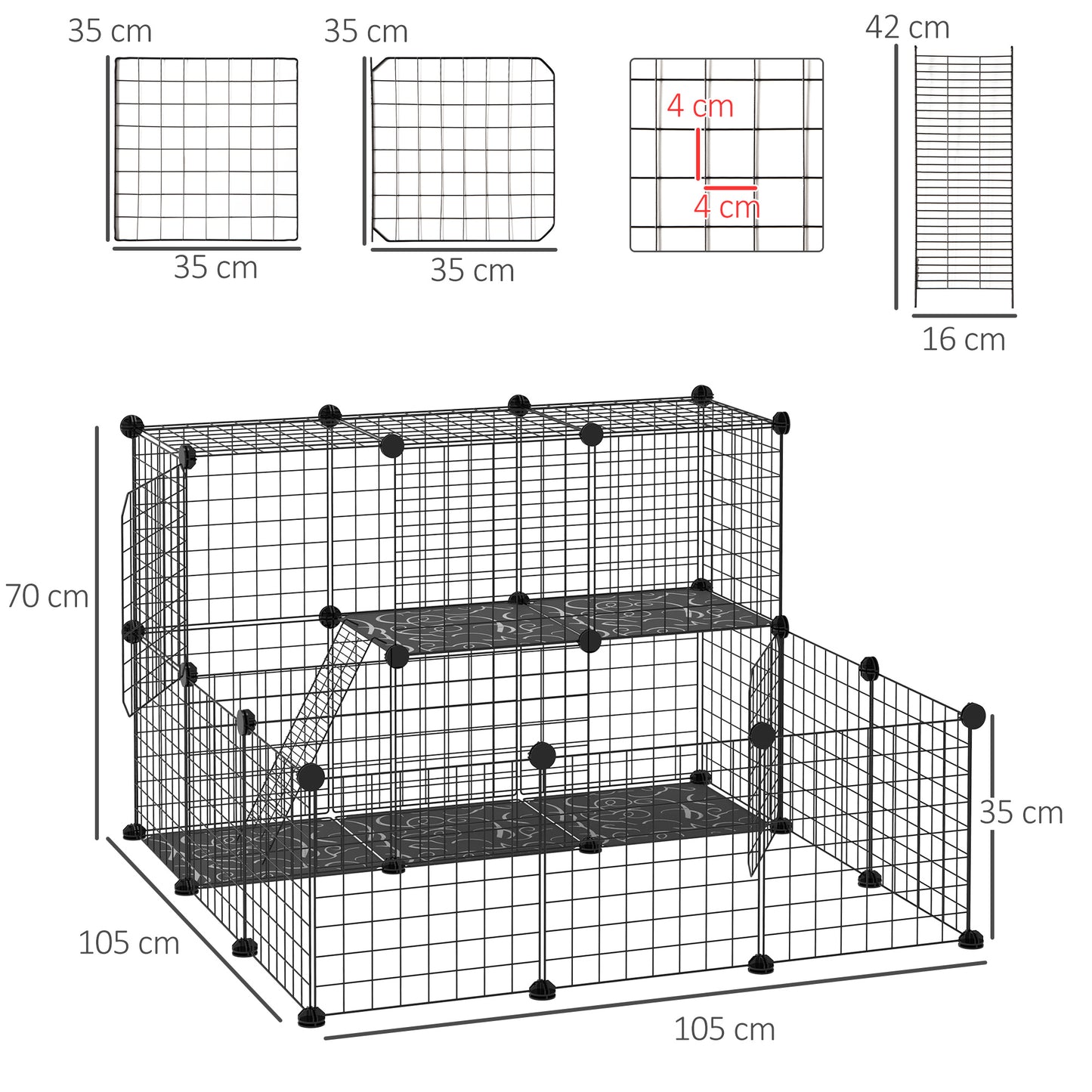 Pet Playpen w/ Door Customisable Fence for Guinea Pigs Chinchillas Hedgehogs - Black