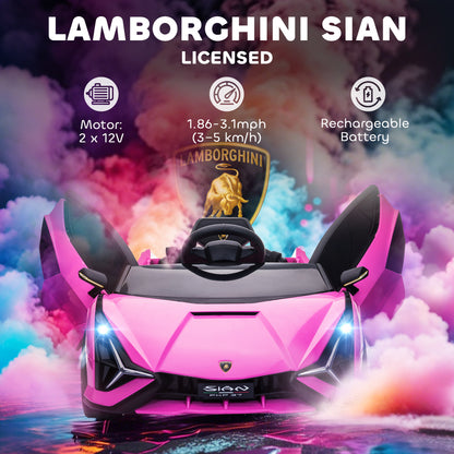 Lamborghini Sian Licensed Electric Car for Kids, 12V Kids Electric Ride on Car with Dual Motors, Remote Control, Pink