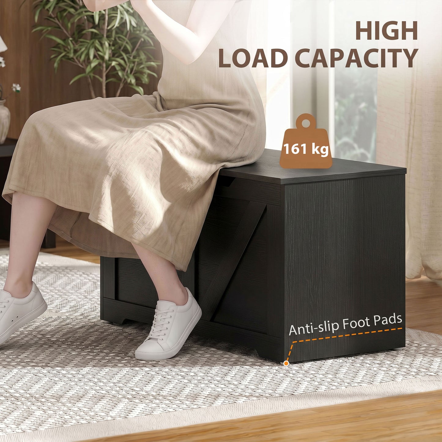 100L Home Storage Box, with Safety Hinge - Black Wood-Effect
