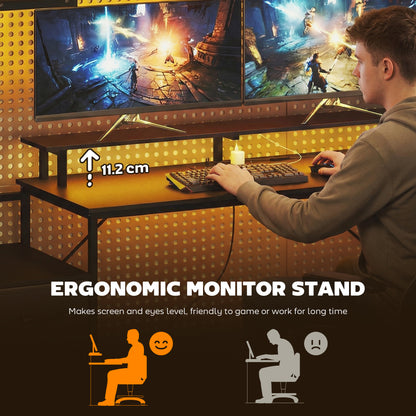 147cm Gaming Desk with Charging Station and Monitor Stand, Computer Table for Home Office with RGB Lights, Black