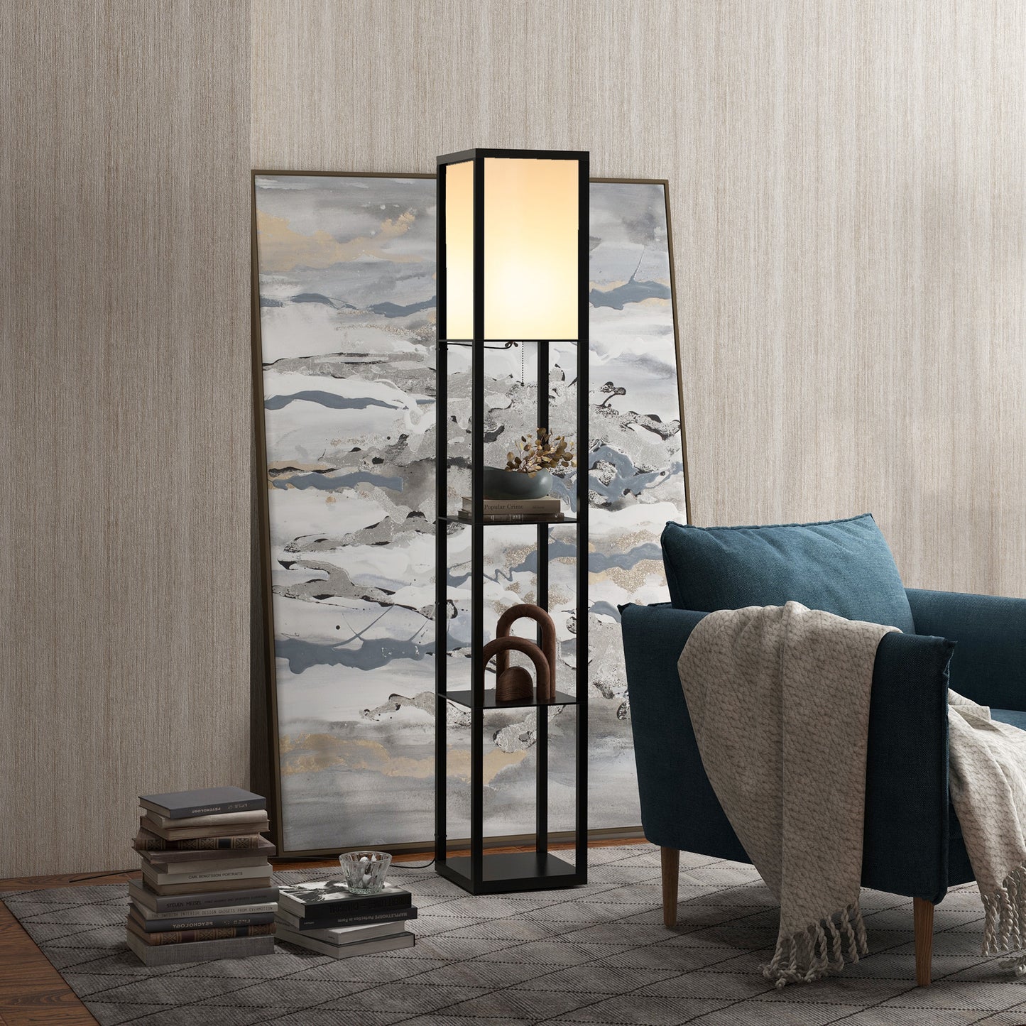 3-Tier Floor Lamp with Shelves and Storage, Modern Standing Lamp with Lampshade