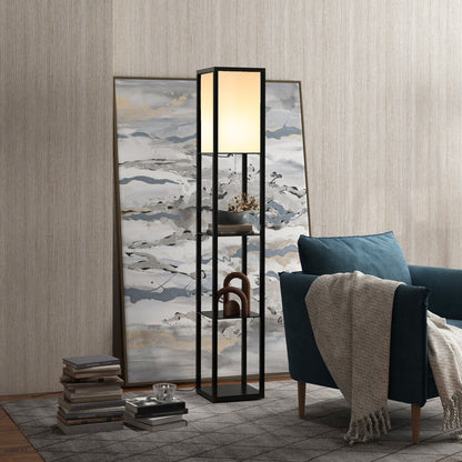 3-Tier Floor Lamp with Shelves and Storage, Modern Standing Lamp with Lampshade