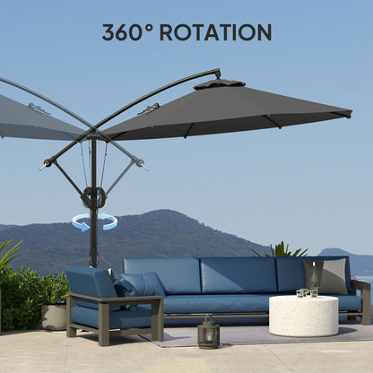3(m) Garden Cantilever Parasol with Cover and Wind Protection Strap, Round Overhanging Umbrella with Crank Handle and Tilt