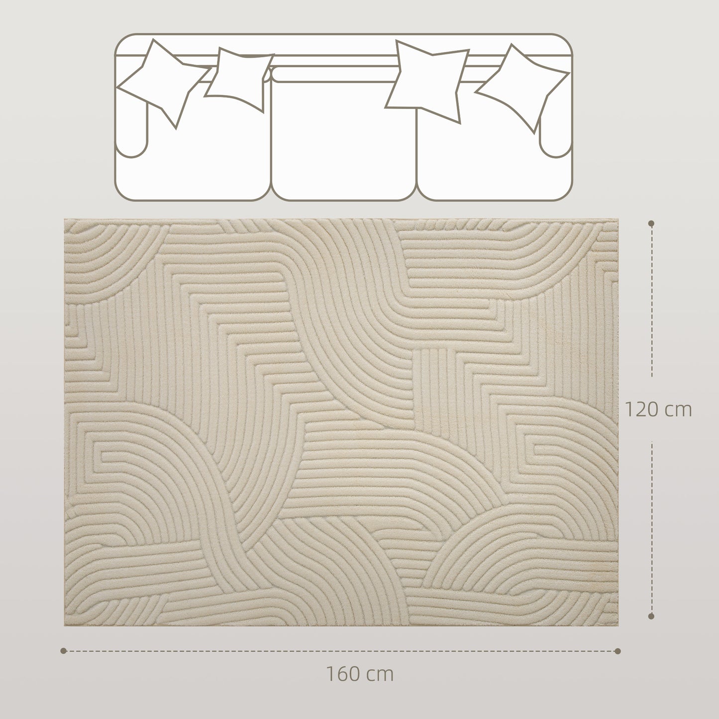 Modern Geometric Rug, Thick Plush, Non-Slip, 160 x 120 cm, Cream, Living Room, Bedroom, Office