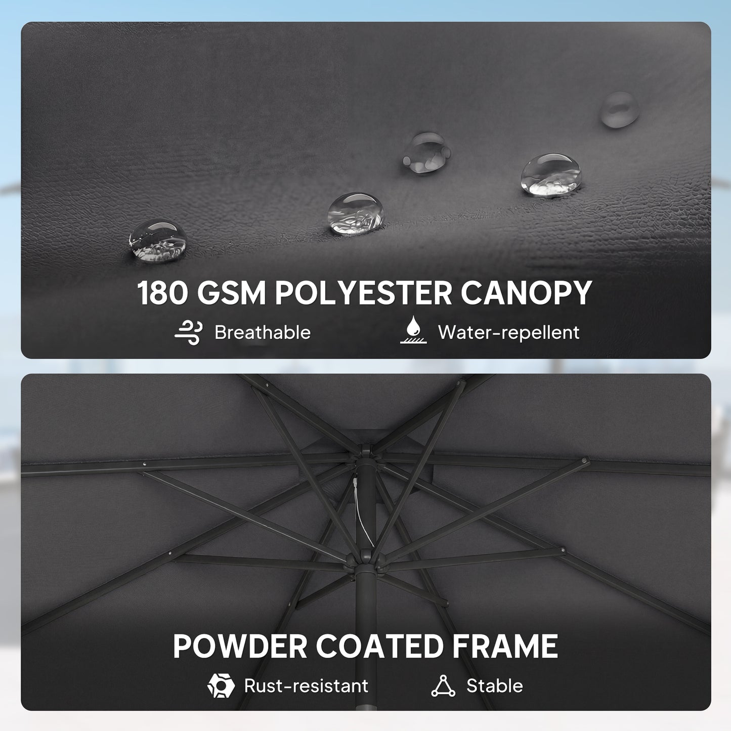 2.7 m Garden Parasol Umbrella with Cross Base and Sandbag, Retractable Ribs, Outdoor Table Market Umbrella, Black