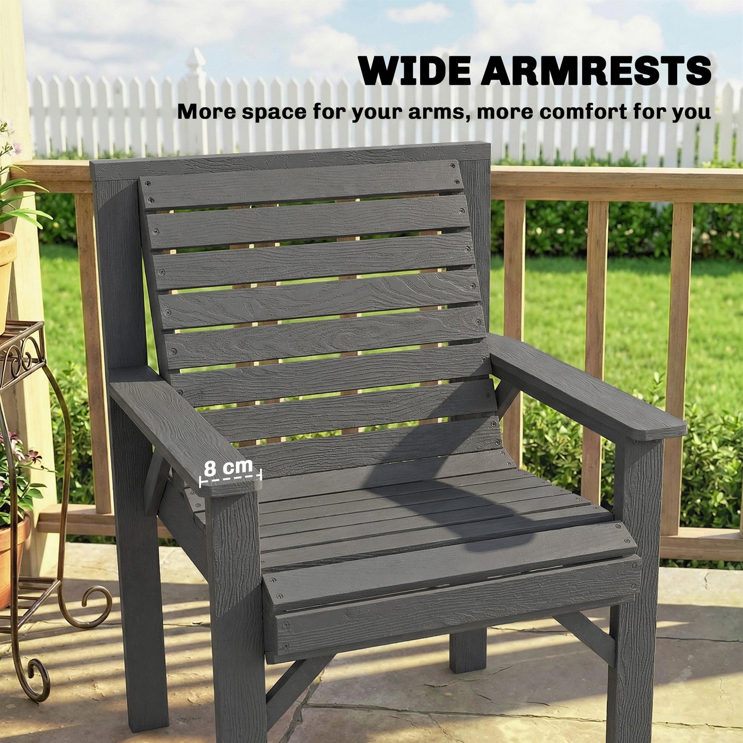 Wooden Garden Dining Chair, Outdoor Chair Garden Armchair with Curved Seat and Wide Armrests, Grey Embossed Finish