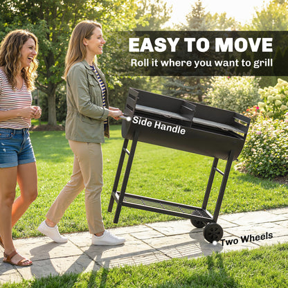 Charcoal Barbecue Grill with 2 Cooking Areas, Portable BBQ Trolley with Wheels, Height Adjustable Grates, Bottom Shelf