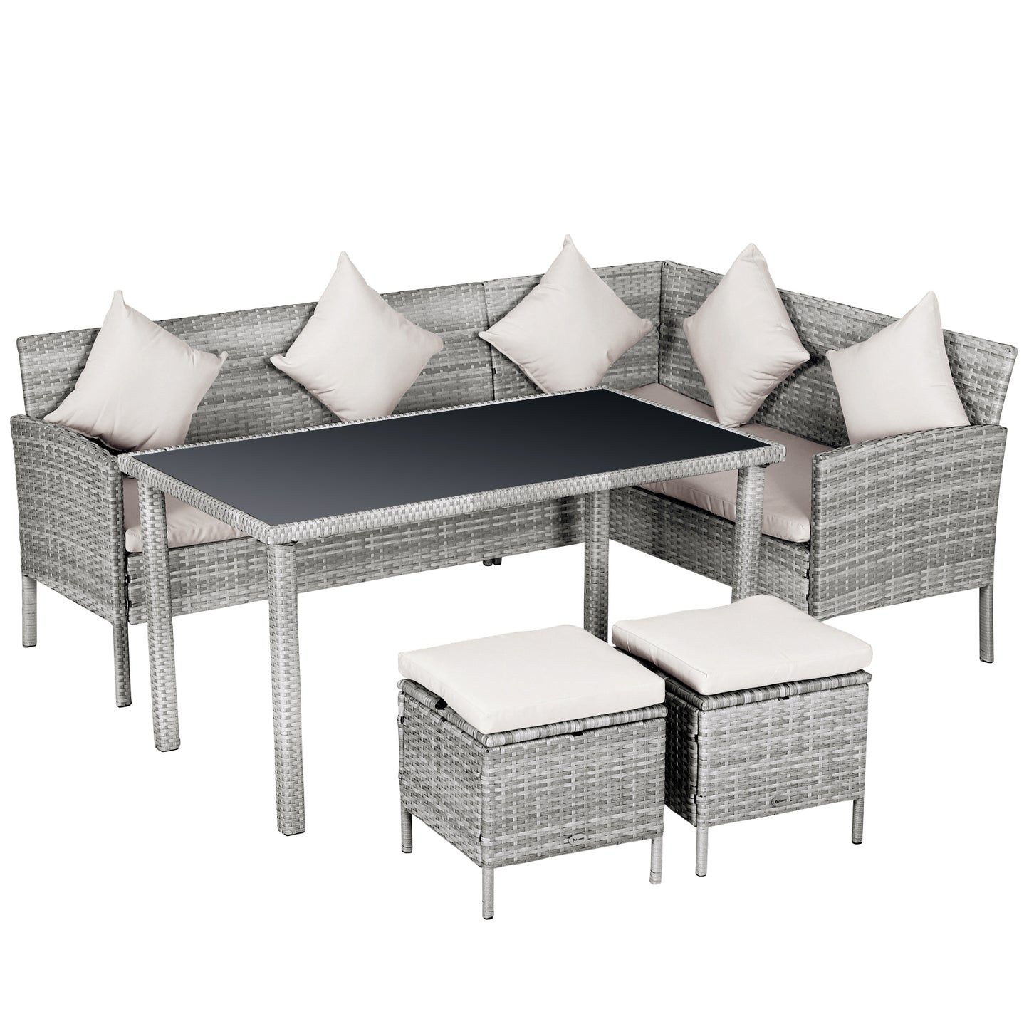 6-Seater Rattan Dining Set Sofa Table Footstool Outdoor w/ Cushion Garden Furniture