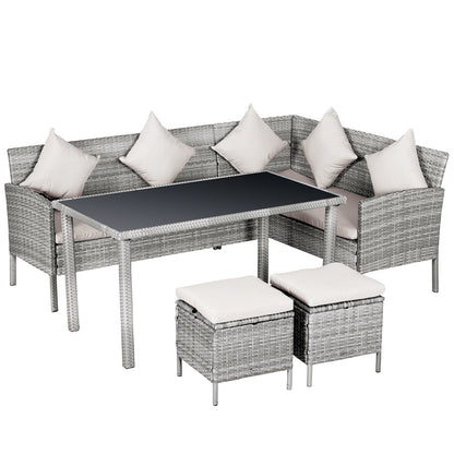 6-Seater Rattan Dining Set Sofa Table Footstool Outdoor w/ Cushion Garden Furniture
