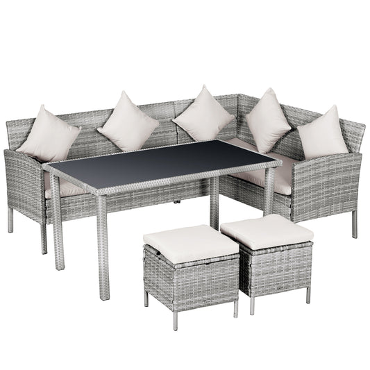 6-Seater Rattan Dining Set Sofa Table Footstool Outdoor w/ Cushion Garden Furniture