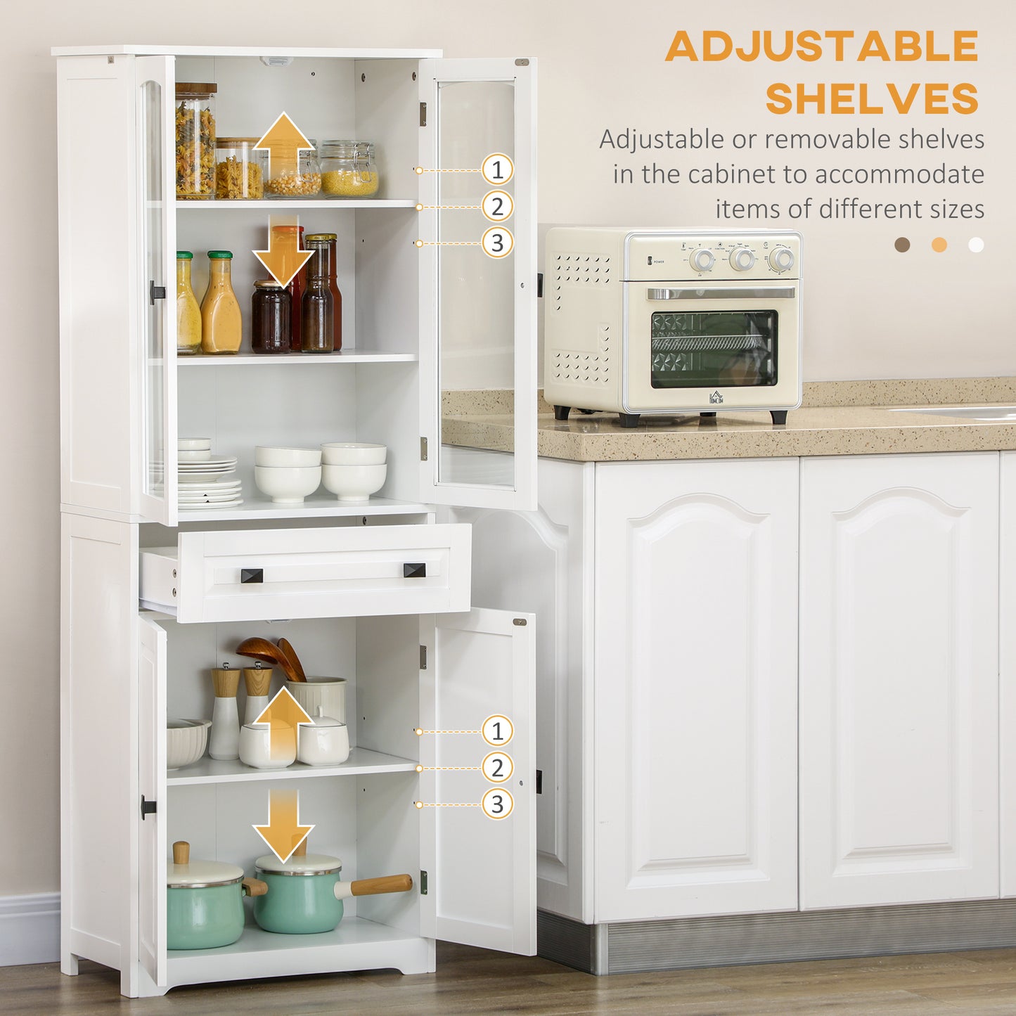 Kitchen Cupboard, Freestanding Storage Cabinet with 2 Adjustable Shelves, Drawer and Glass Door for Living Room, Dining Room