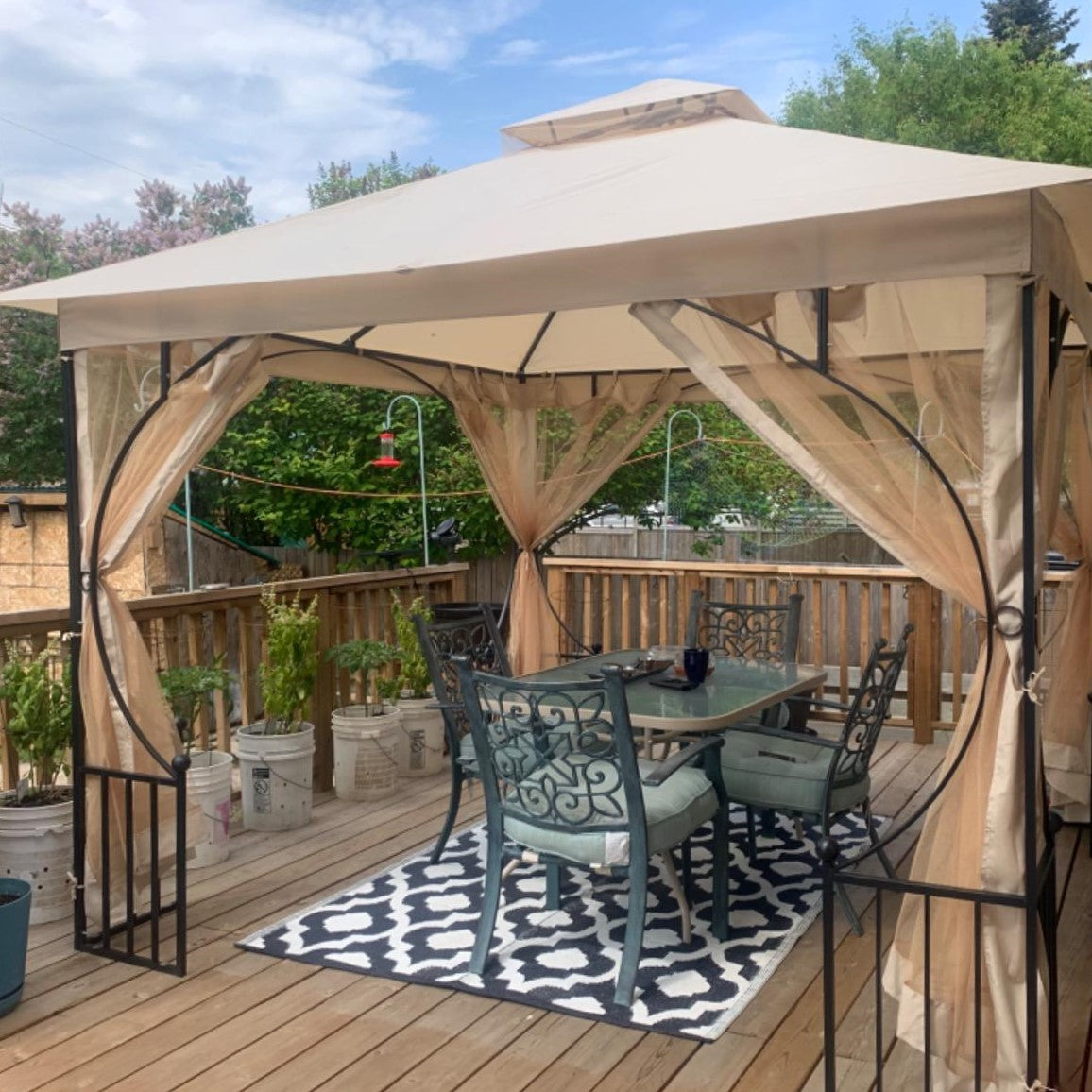 3 x 3(m) Garden Gazebo Patio Party Tent Shelter Outdoor Canopy Double Tier Sun Shade Metal Frame Netting, Beige