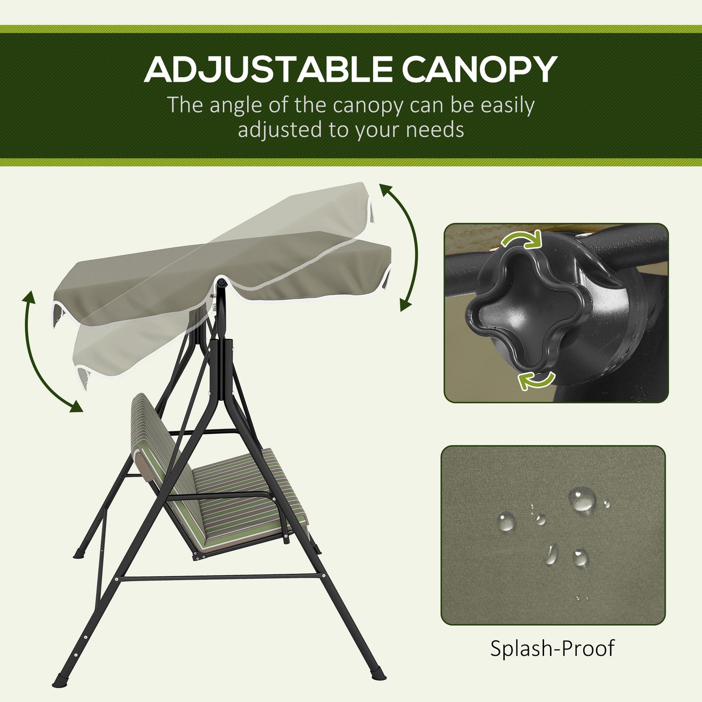 Three-Seater Garden Swing Chair, with Adjustable Canopy - Green