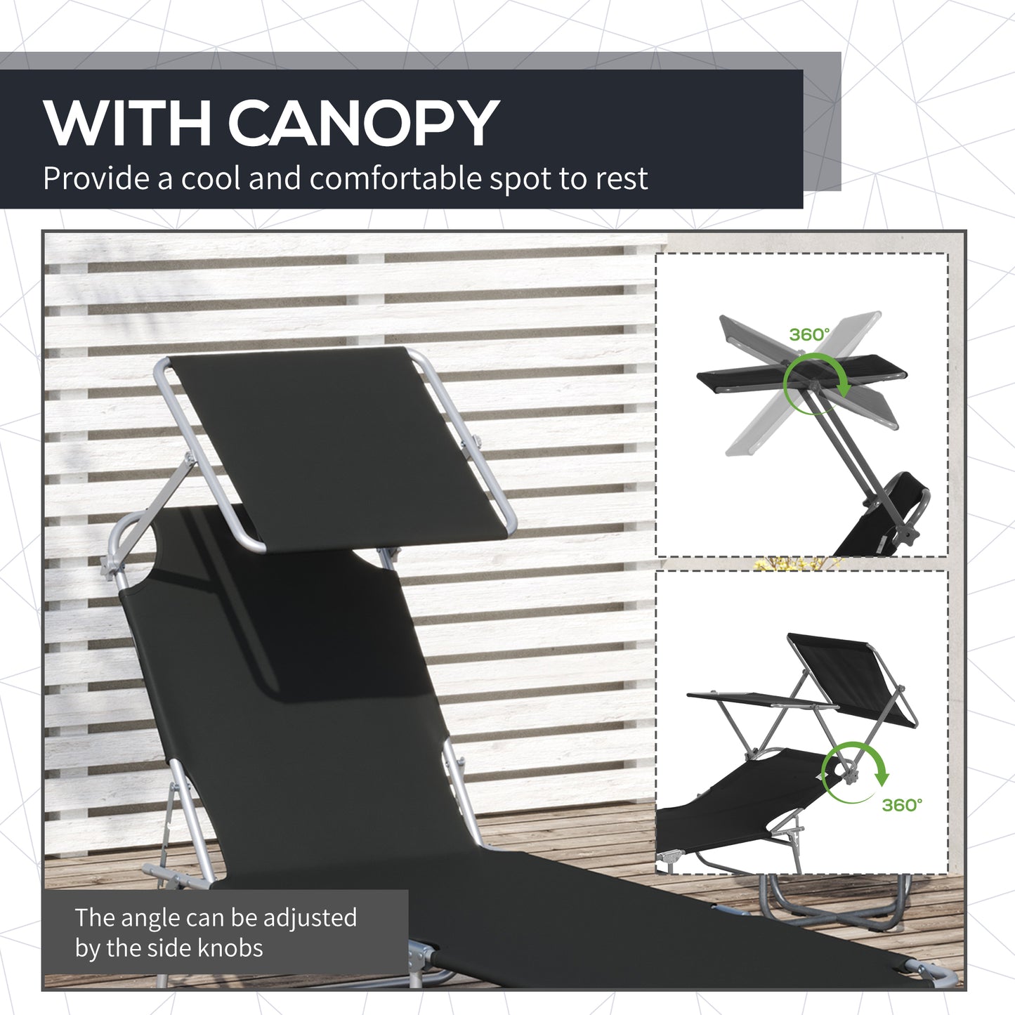 Outdoor Foldable Sun Lounger, 4 Level Adjustable Backrest Reclining Sun Lounger Chair with Angle Adjust Sun Shade Awning for