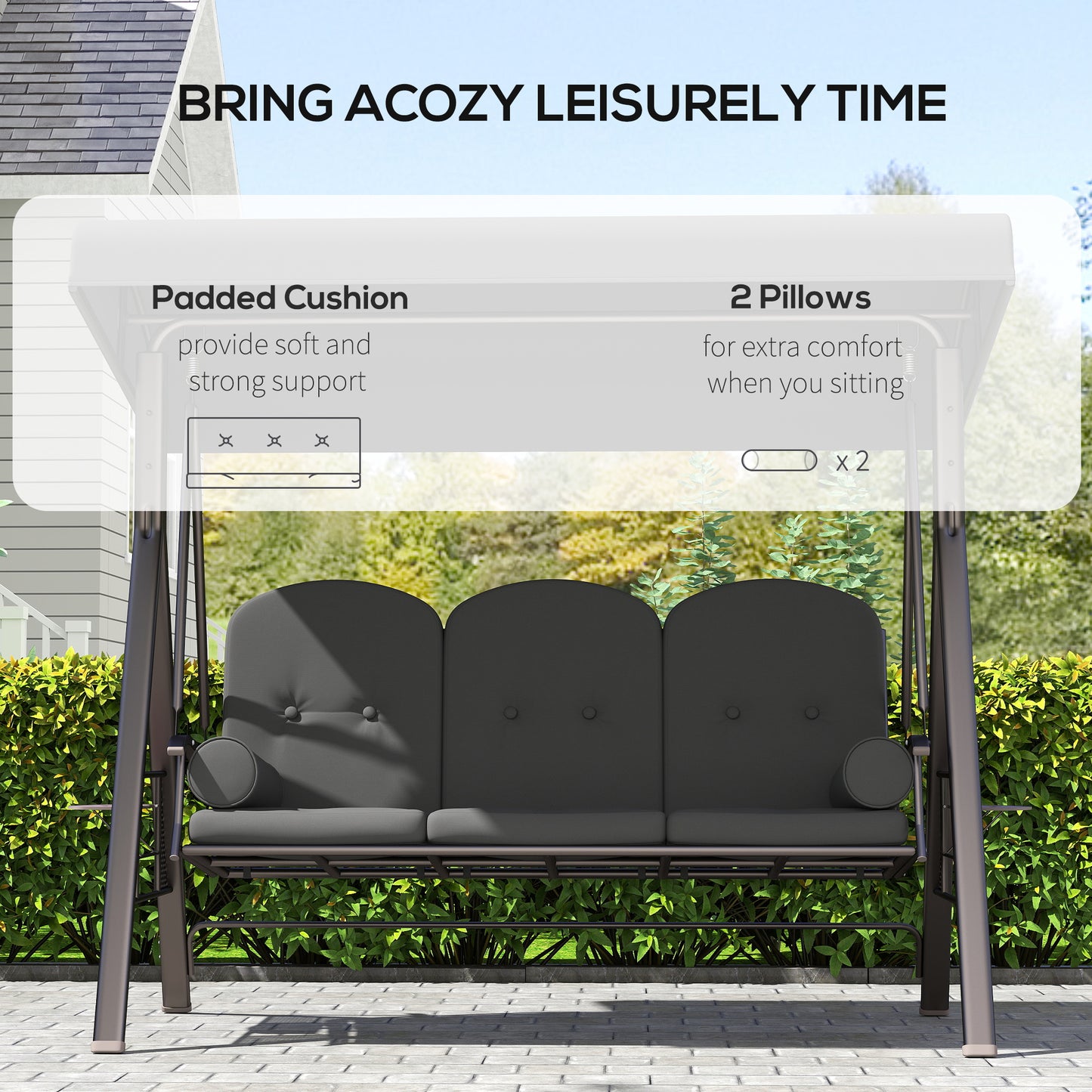 3 Seater Garden Swing Chair Outdoor Hammock Bench w/ Adjustable Canopy, Cushions and Cup Trays, Brown Steel Frame