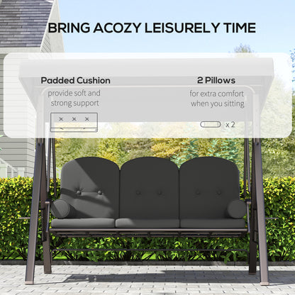 3 Seater Garden Swing Chair Outdoor Hammock Bench w/ Adjustable Canopy, Cushions and Cup Trays, Brown Steel Frame